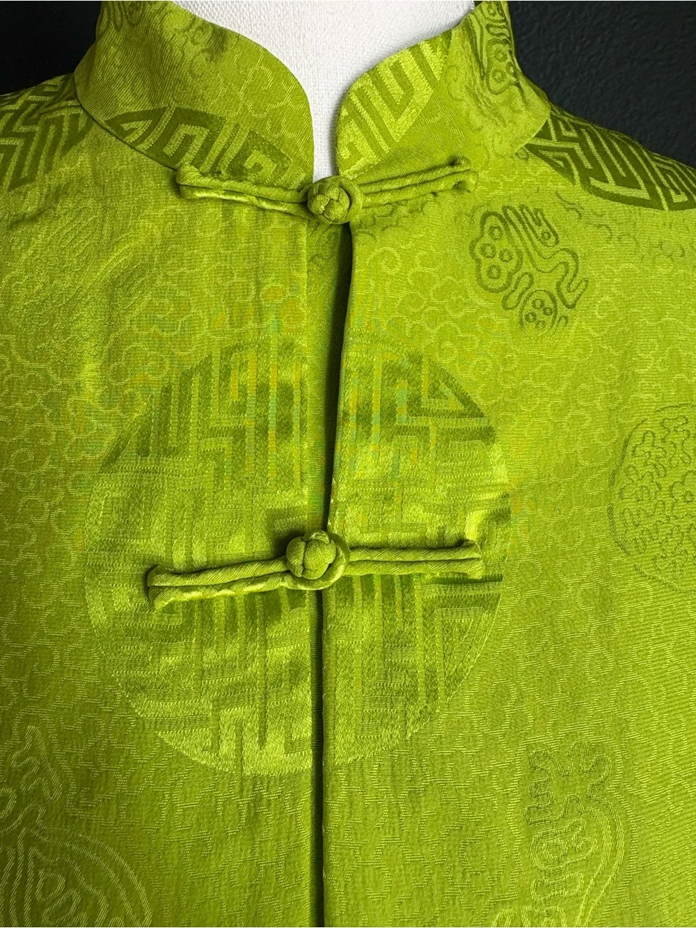 VTG Chartreuse Frog Button Jacquard Blouse Mandarin Collar Top - Picture 2 of 7